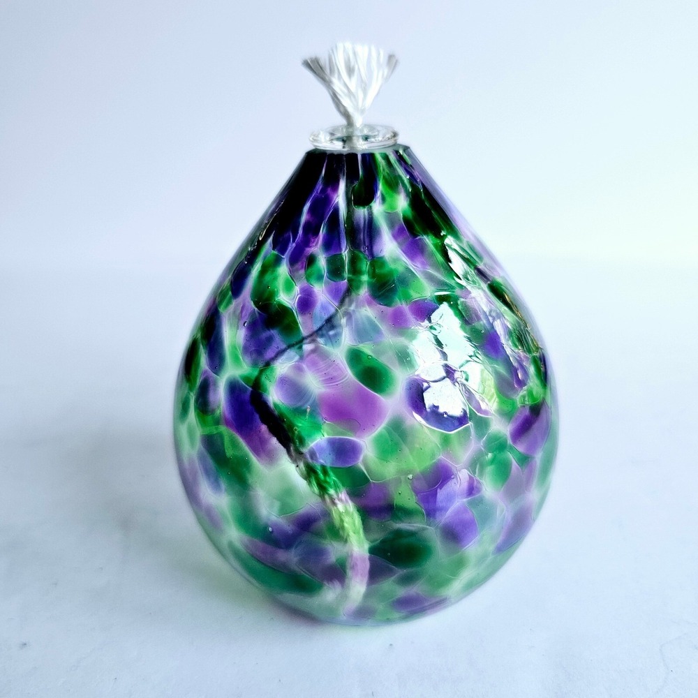 Hand Blown Art Glass Oil Lamp Purple Green Confetti Crackle‎ Teardrop 4.5"